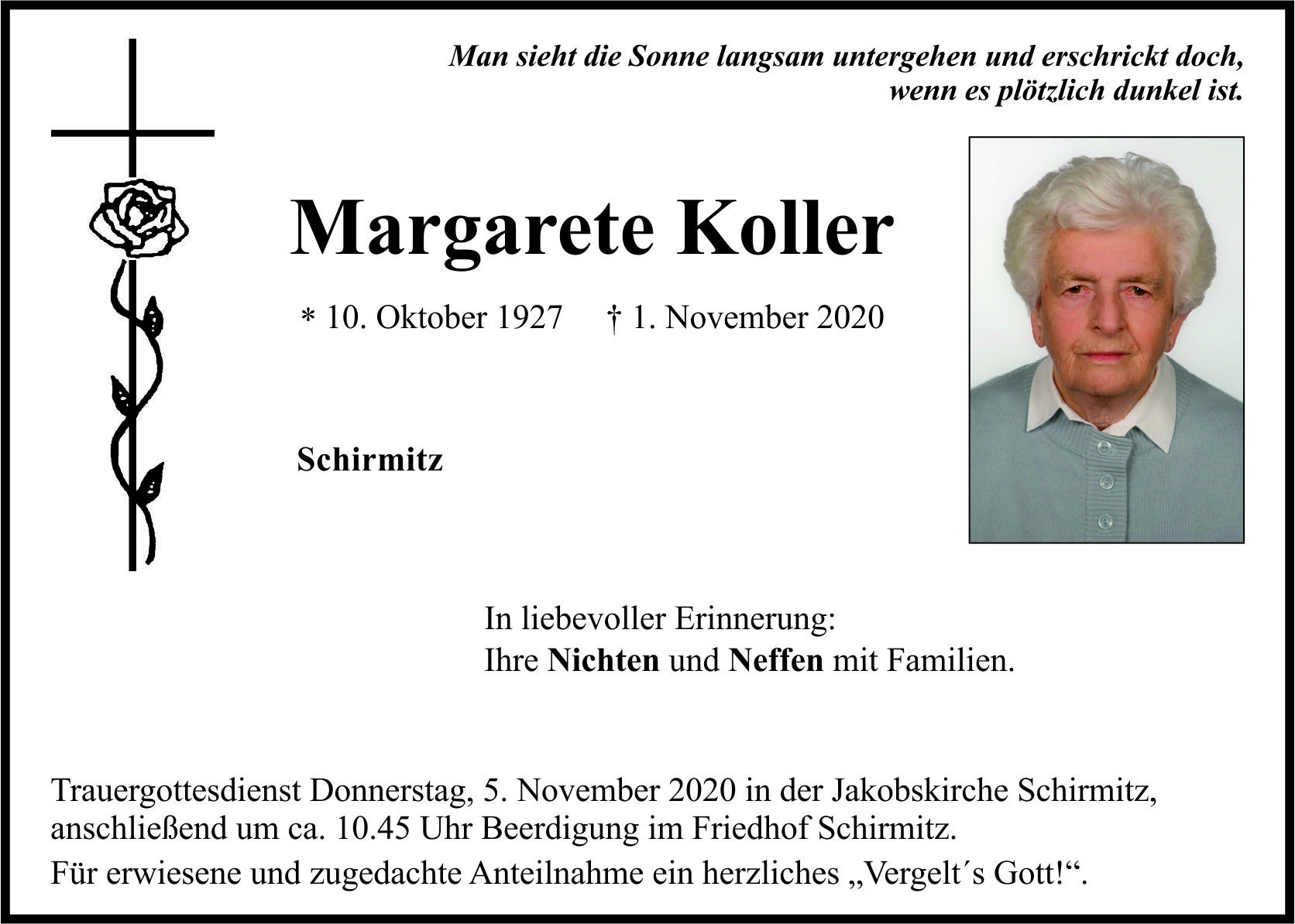 Traueranzeige Margarete Koller, Schirmitz
