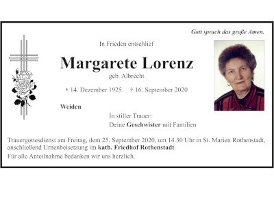 Traueranzeige Margarete Lorenz, Weiden 400x300