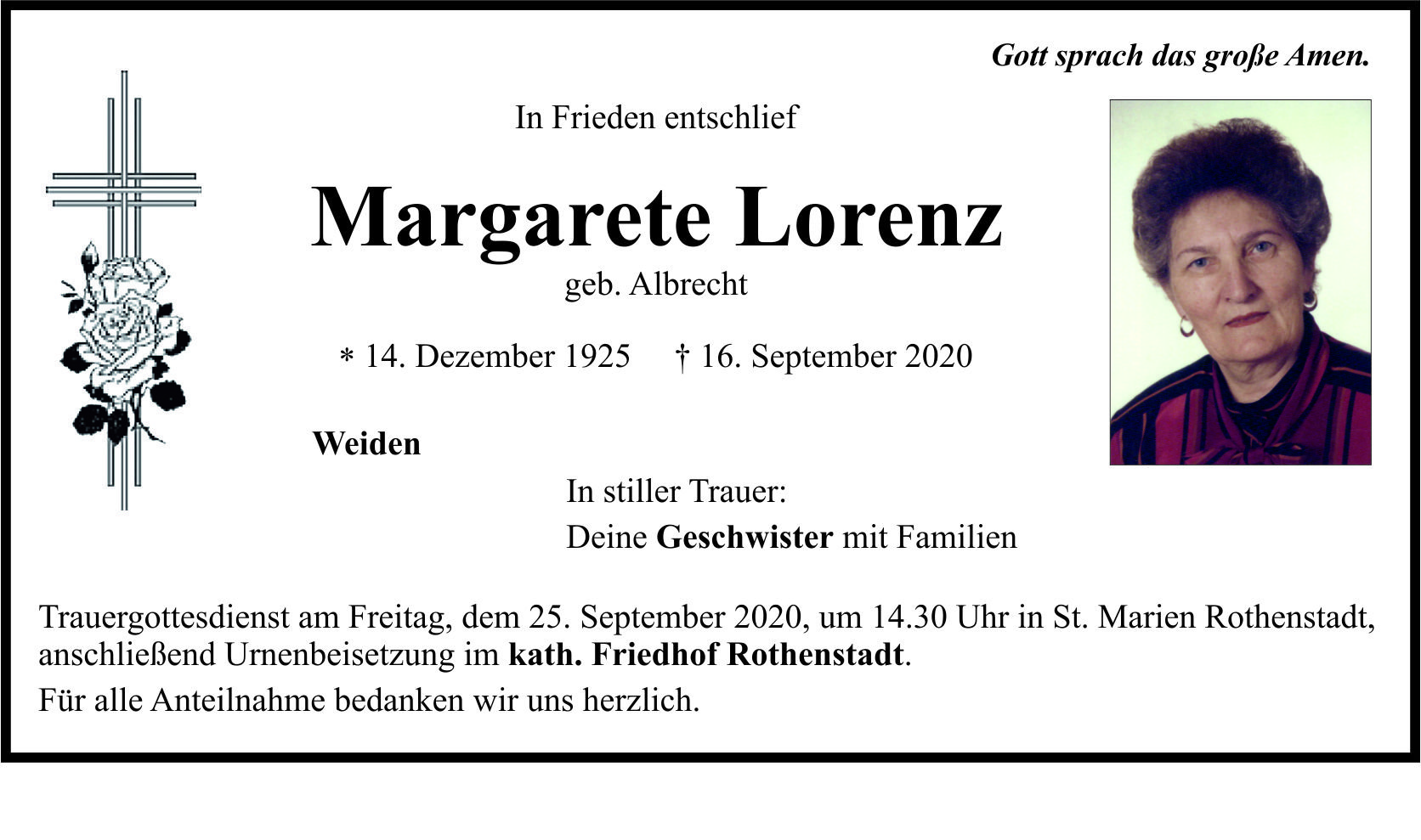 Traueranzeige Margarete Lorenz, Weiden