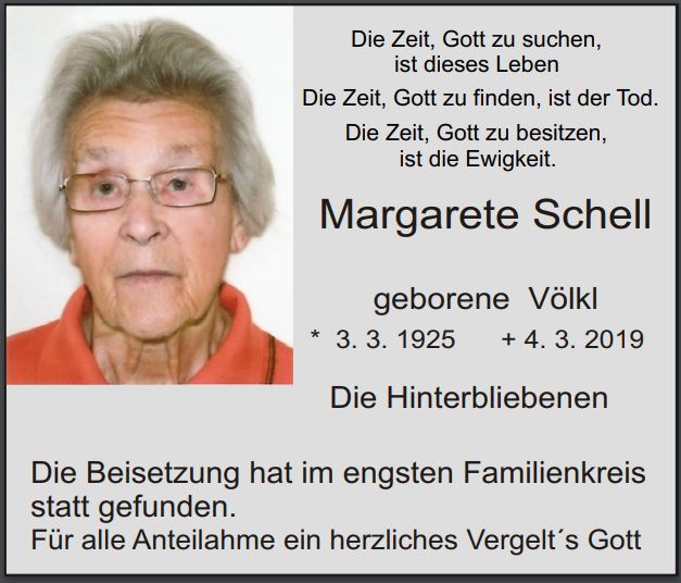 Traueranzeige Margarete Schell