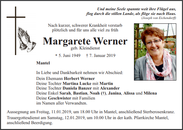 Traueranzeige Margarete Werner Mantel