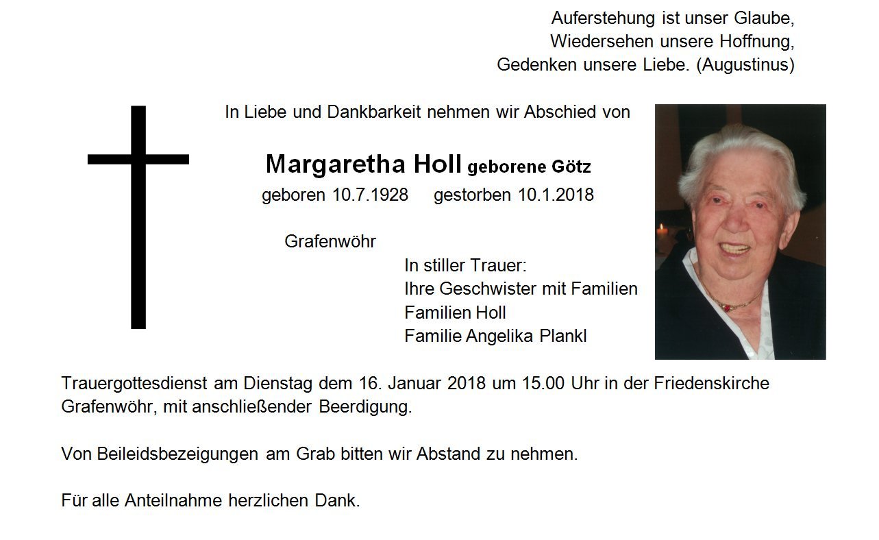 Traueranzeige Margaretha Holl, Grafenwöhr
