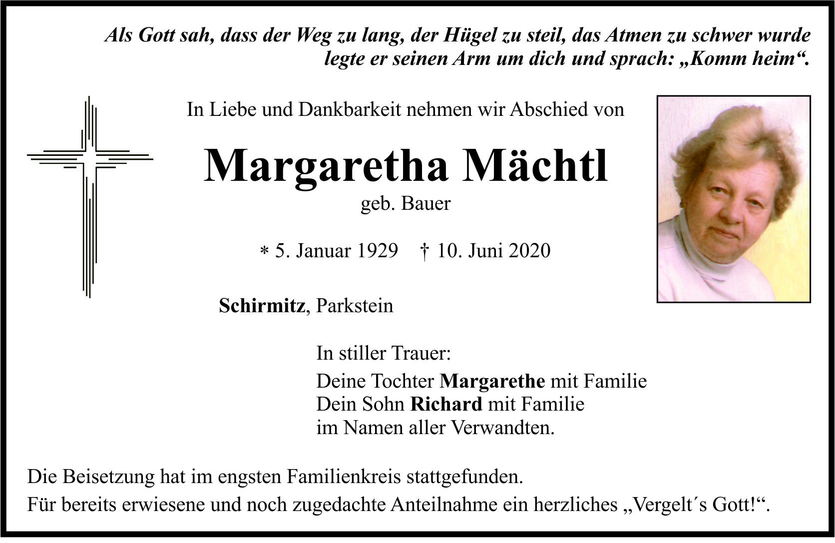 Traueranzeige Margaretha Mächtl, Schirmitz Parkstein