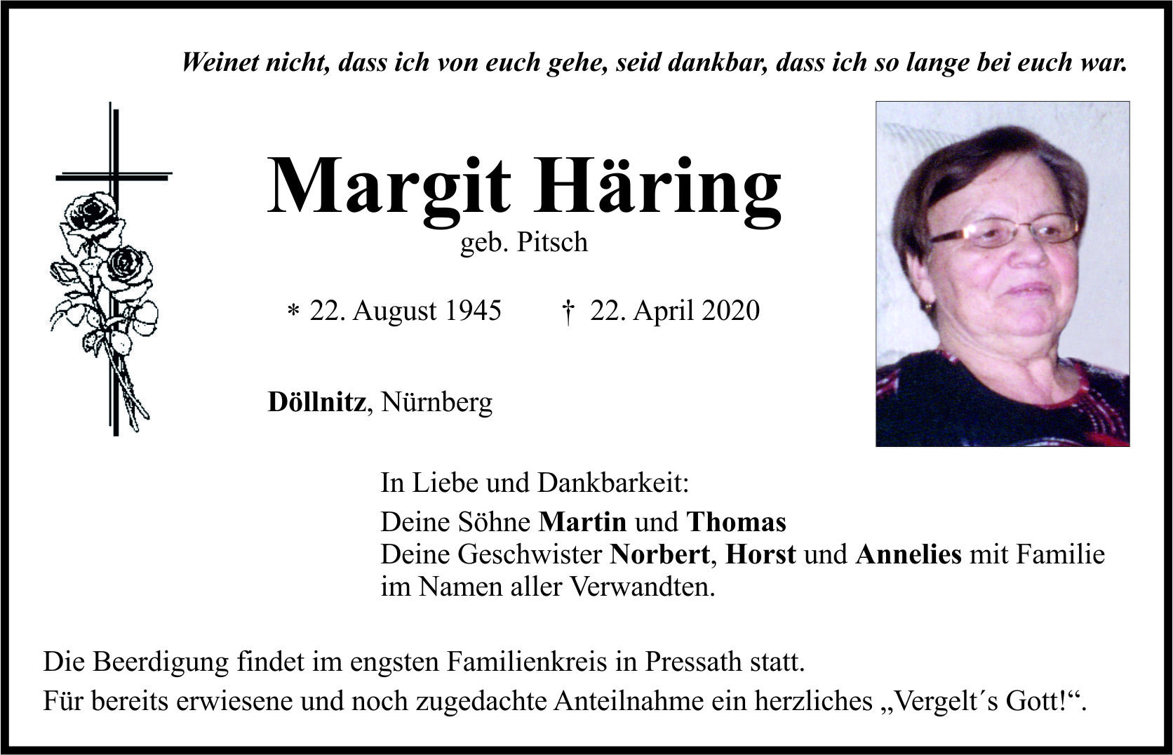 Traueranzeige Margit Häring