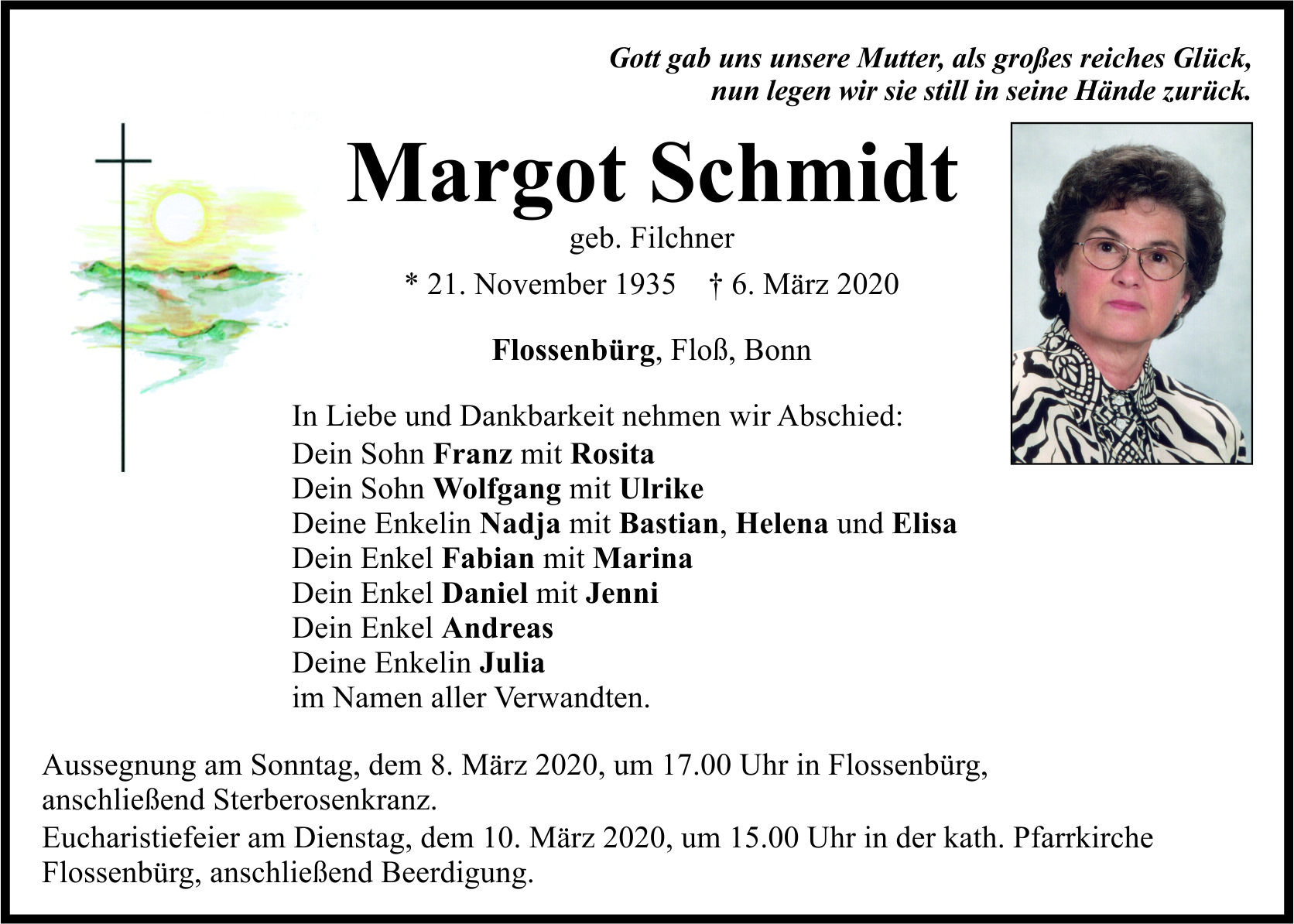 Traueranzeige Margot Schmidt, Flossenbürg Floß