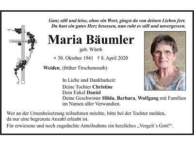 Traueranzeige Maria Bäumler Weiden 400x300.