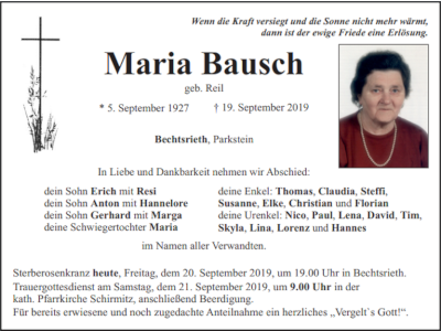 Traueranzeige Maria Bausch Bechtsrieth 400x300