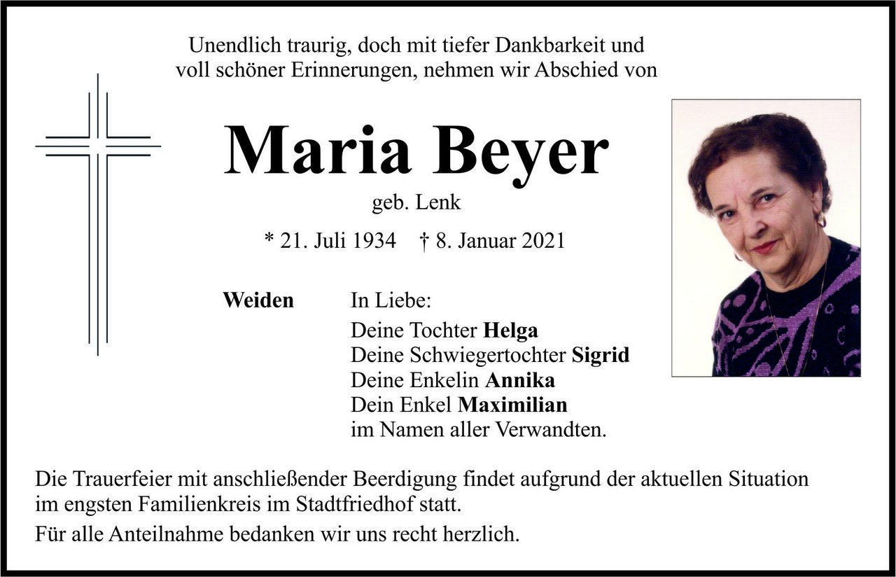 Traueranzeige Maria Beyer, Weiden
