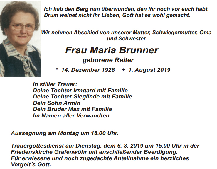 Traueranzeige Maria Brunner