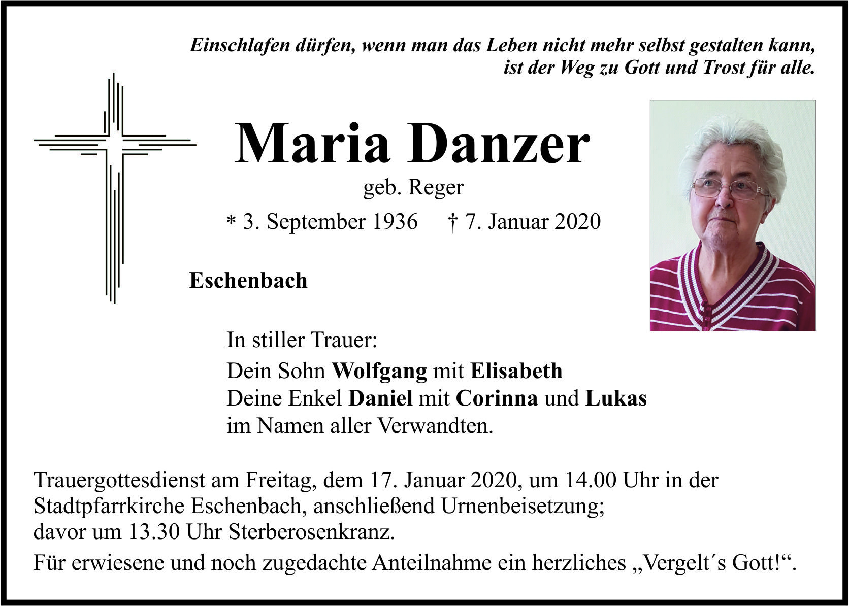 Traueranzeige Maria Danzer, Eschenbach