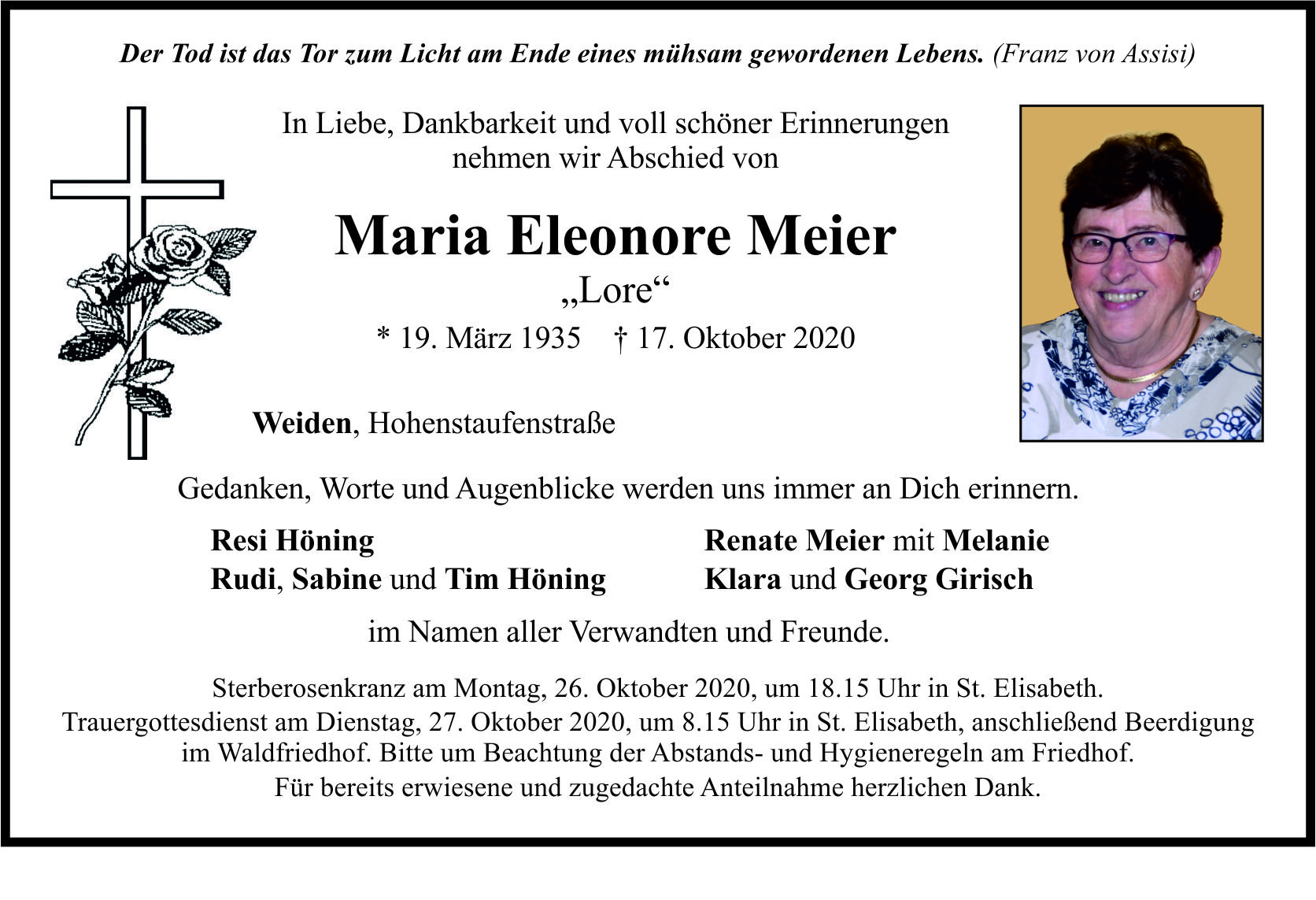 Traueranzeige Maria Eleonore Meier, Weiden