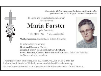 Traueranzeige Maria Forster, Weiherhammer Eschenbach Eslarn 400 300