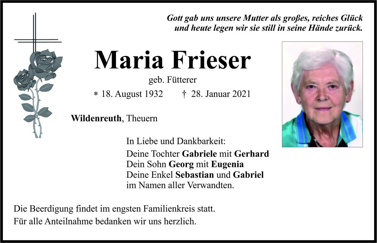 Traueranzeige Maria Frieser, Wildenreuth