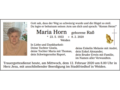 Traueranzeige Maria Horn Weiden 400x300