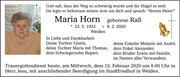 Traueranzeige Maria Horn Weiden