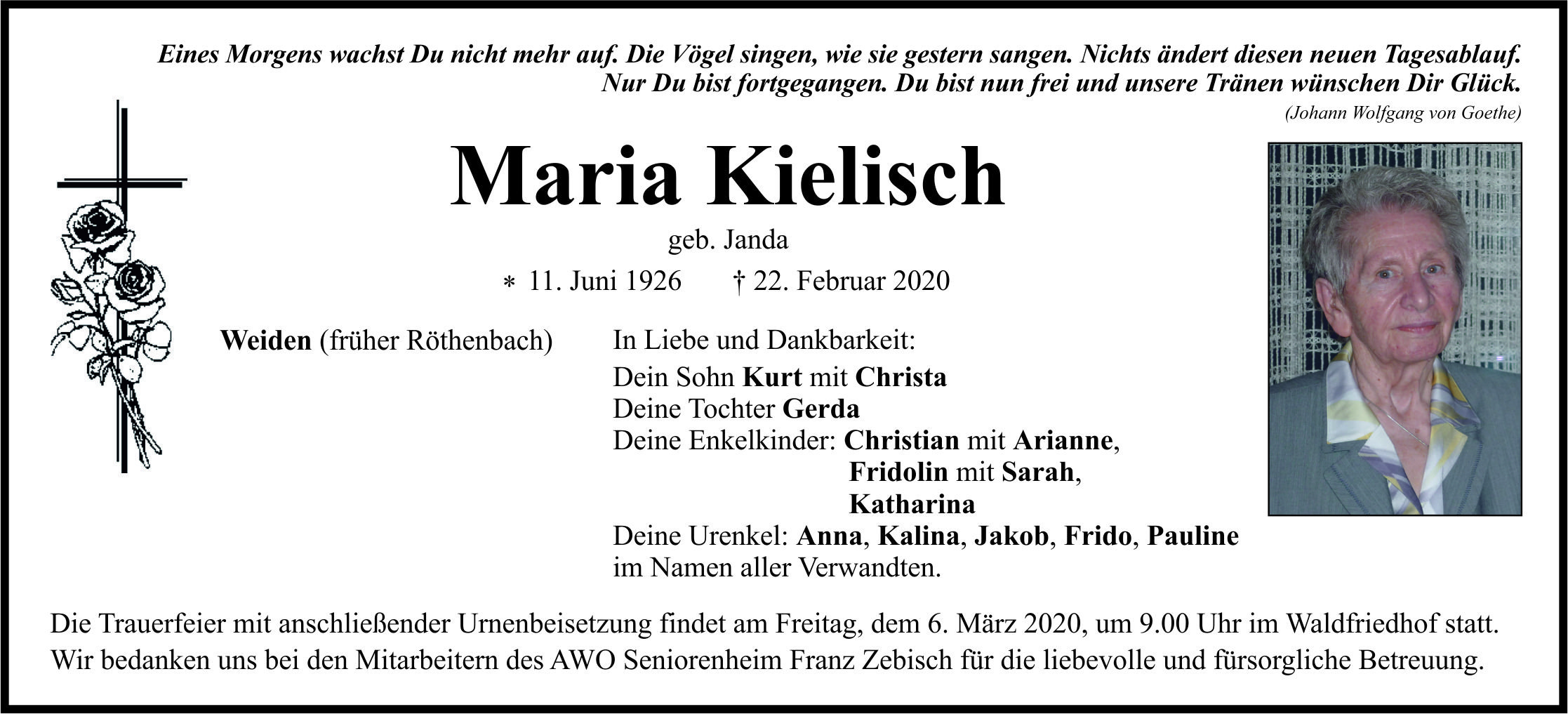 Traueranzeige Maria Kielisch, Weiden
