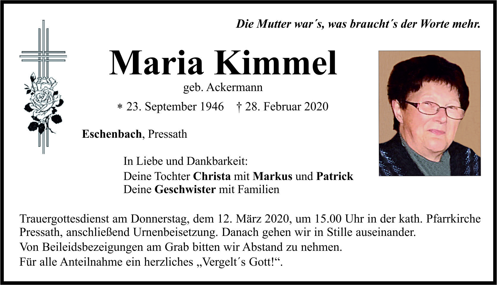 Traueranzeige Maria Kimmel, Eschenbach Pressath