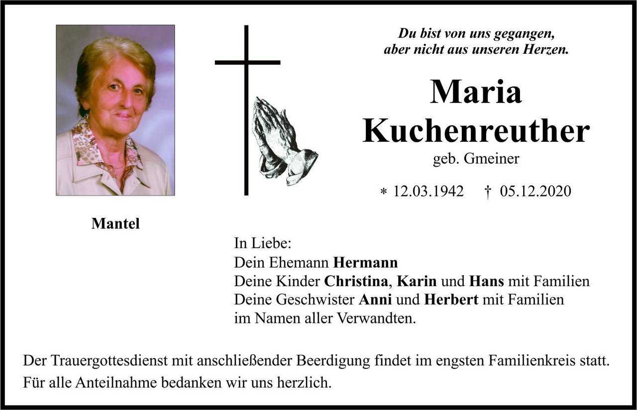 Traueranzeige Maria Kuchenreuther, Mantel