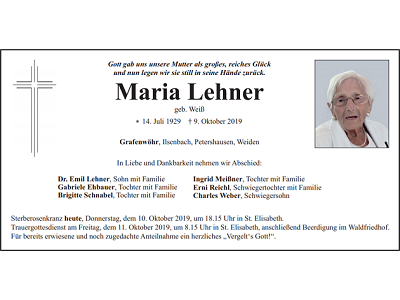 Traueranzeige Maria Lehner Grafenwöhr 400x300