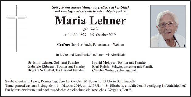 Traueranzeige Maria Lehner Grafenwöhr