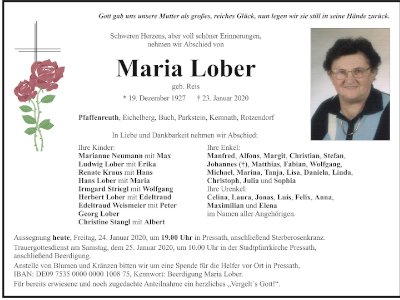 Traueranzeige Maria Lober, Pfaffenreuth 300