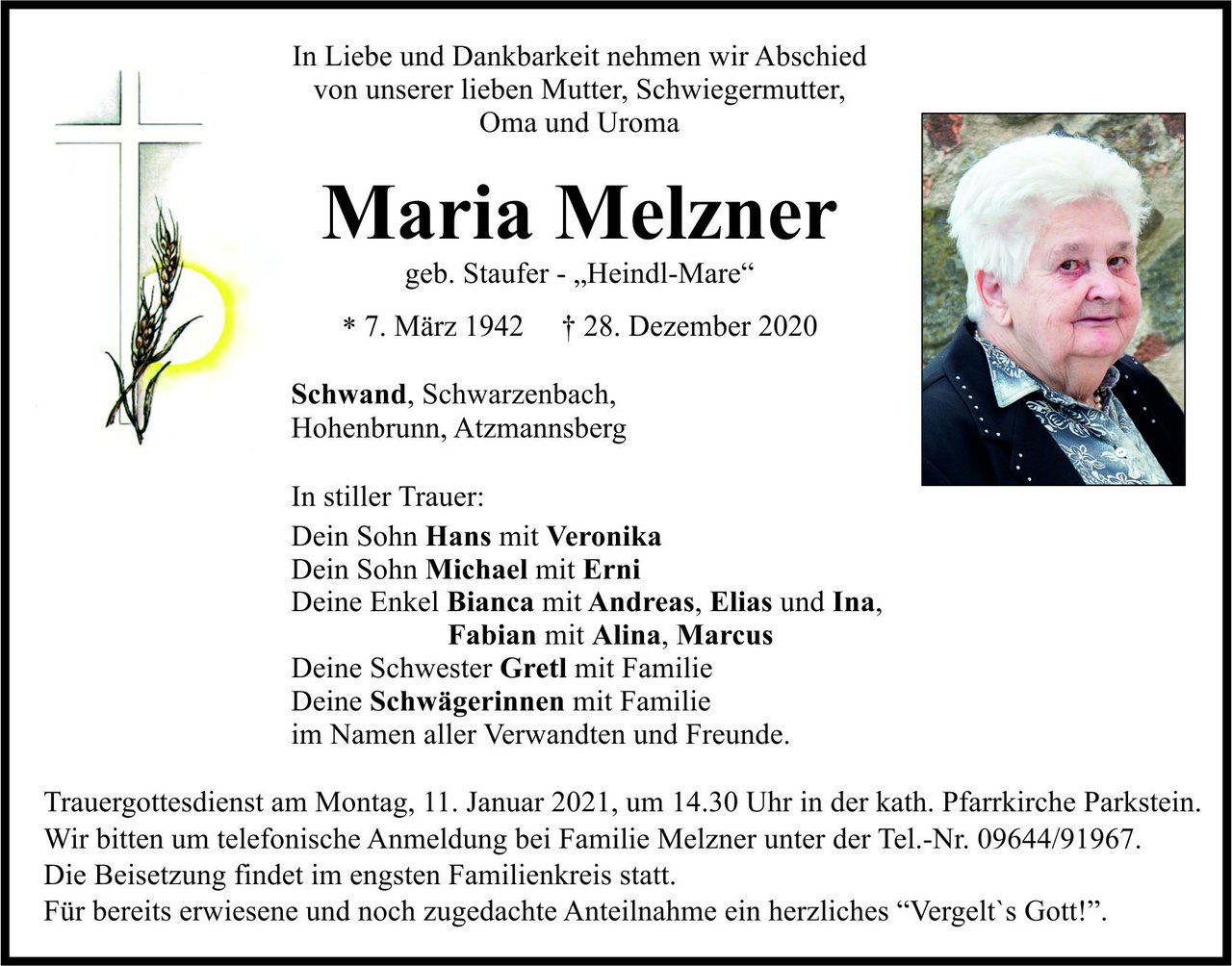 Traueranzeige Maria Melzner, Schwand