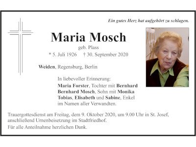 Traueranzeige Maria Mosch, Weiden 400x300