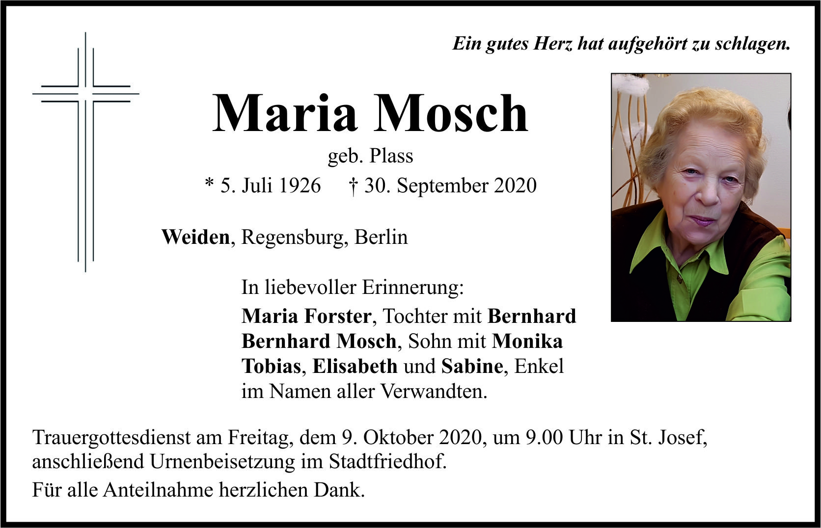 Traueranzeige Maria Mosch, Weiden