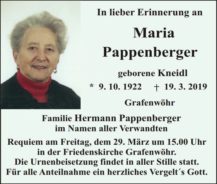 Traueranzeige Maria Pappenberger Grafenwöhr