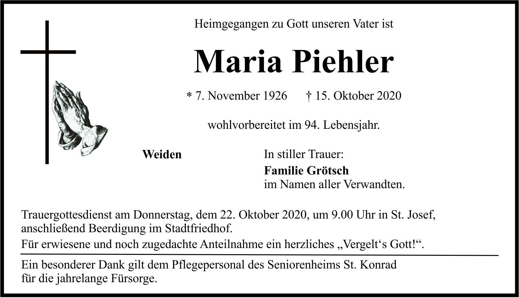 Traueranzeige Maria Piehler, Weiden