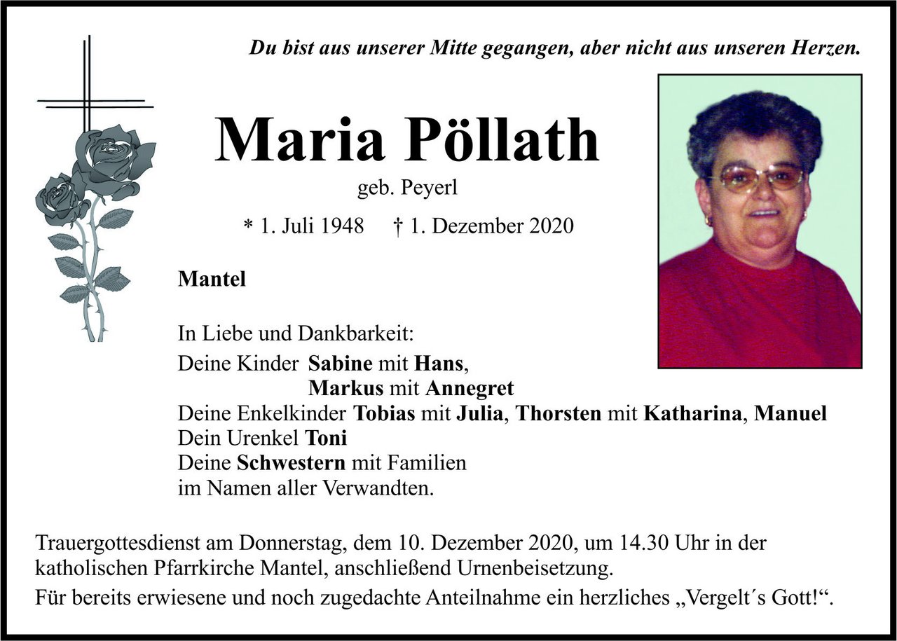 Traueranzeige Maria Pöllath, Mantel