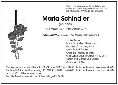Traueranzeige Maria Schindler AltenstadtWN
