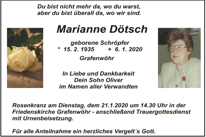 Traueranzeige Marianne Dötsch Grafenwöhr.