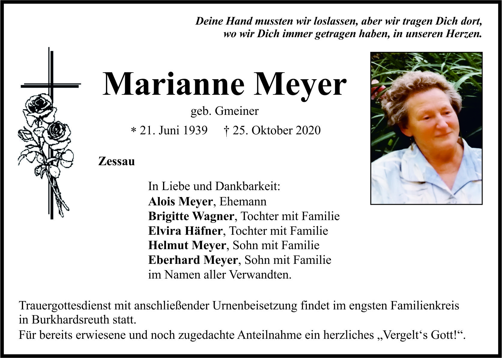 Traueranzeige Marianne Meyer, Zessau