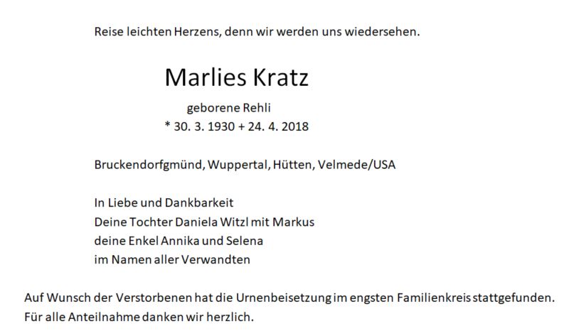 Traueranzeige Marlies Kratz Bruckendorfgmünd