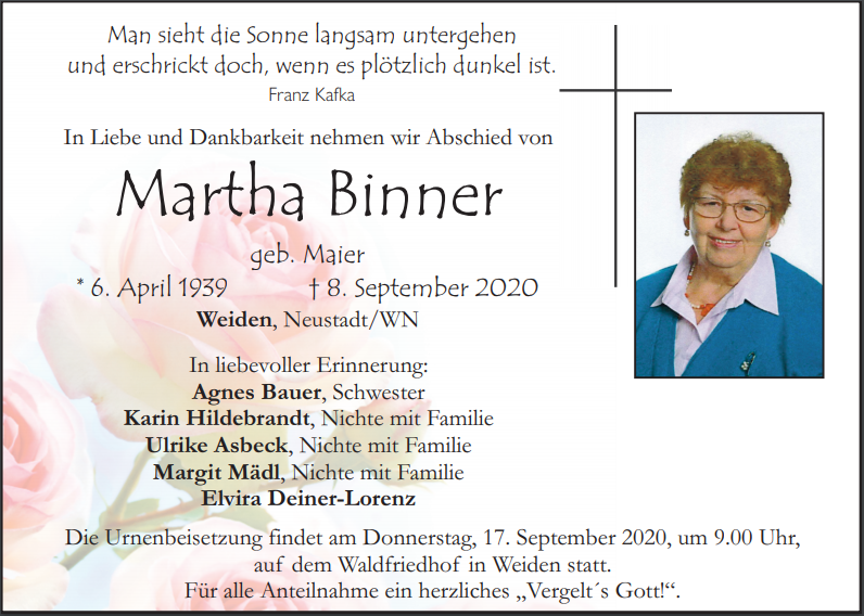 Traueranzeige Martha Binner, Weiden