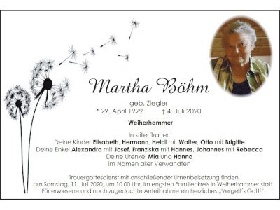Traueranzeige Martha Böhm, Weiherhammer 400 300