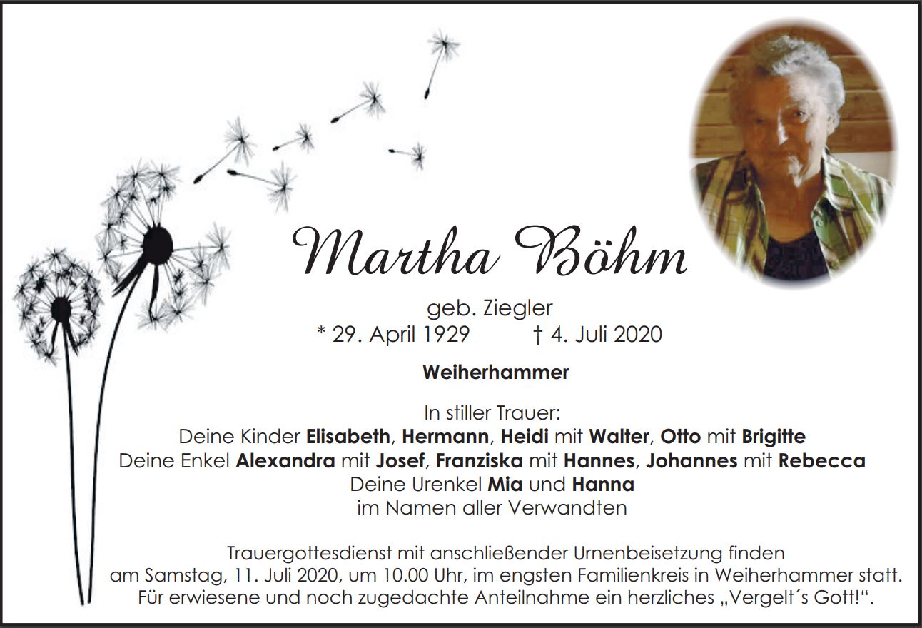 Traueranzeige Martha Böhm, Weiherhammer
