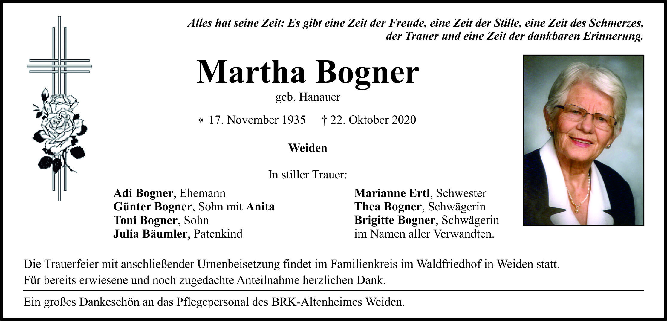 Traueranzeige Martha Bogner, Weiden