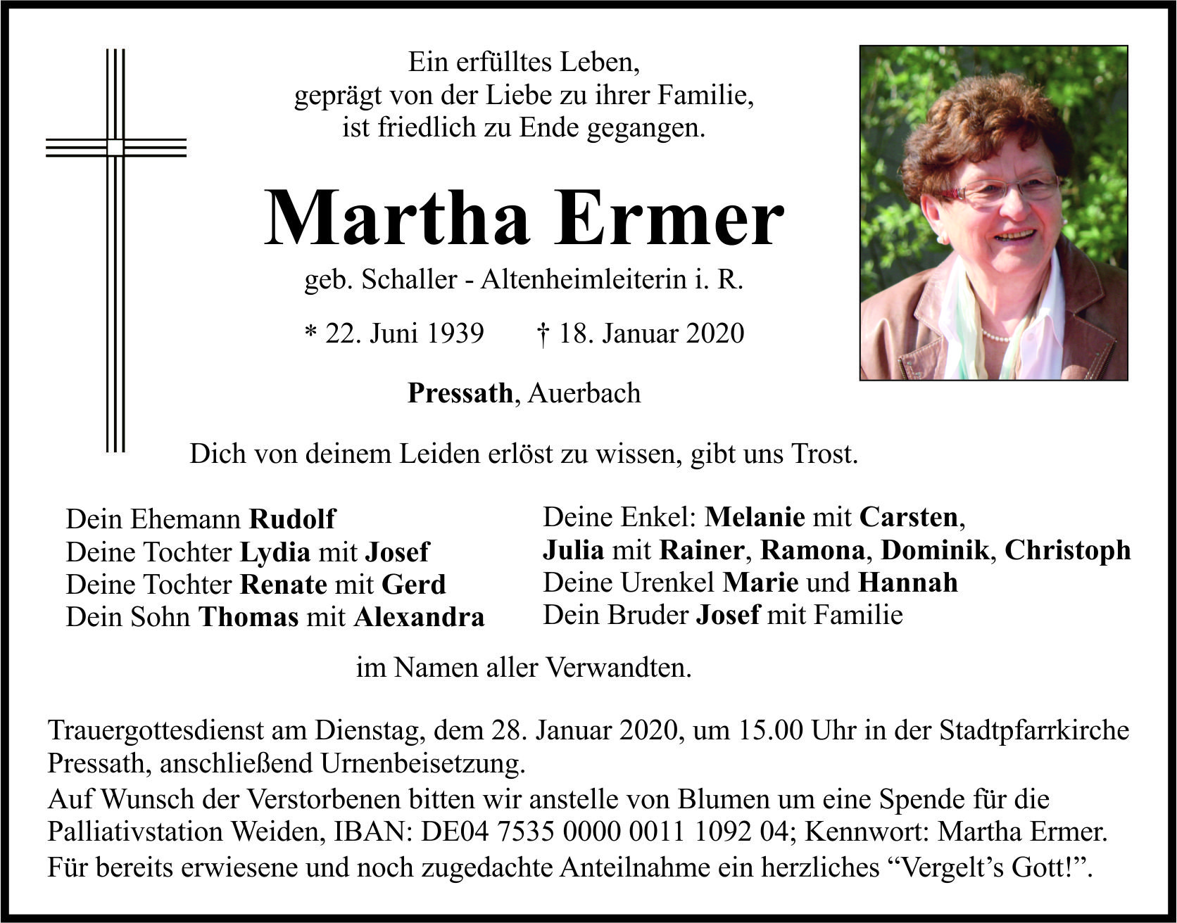 Traueranzeige Martha Ermer, Pressath