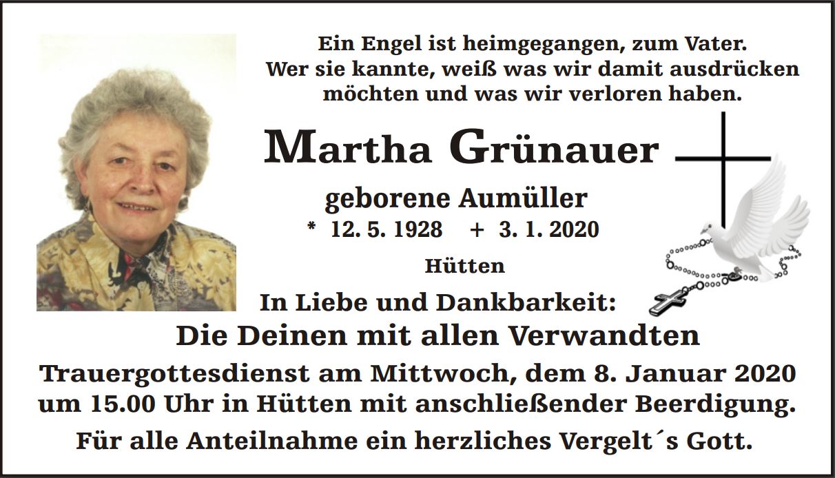 Traueranzeige Martha Grünbauer, Hütten