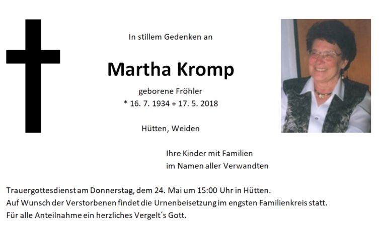 Traueranzeige Martha Kromp Hütten
