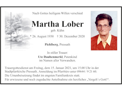 Traueranzeige Martha Lober, Pichlberg 400x300