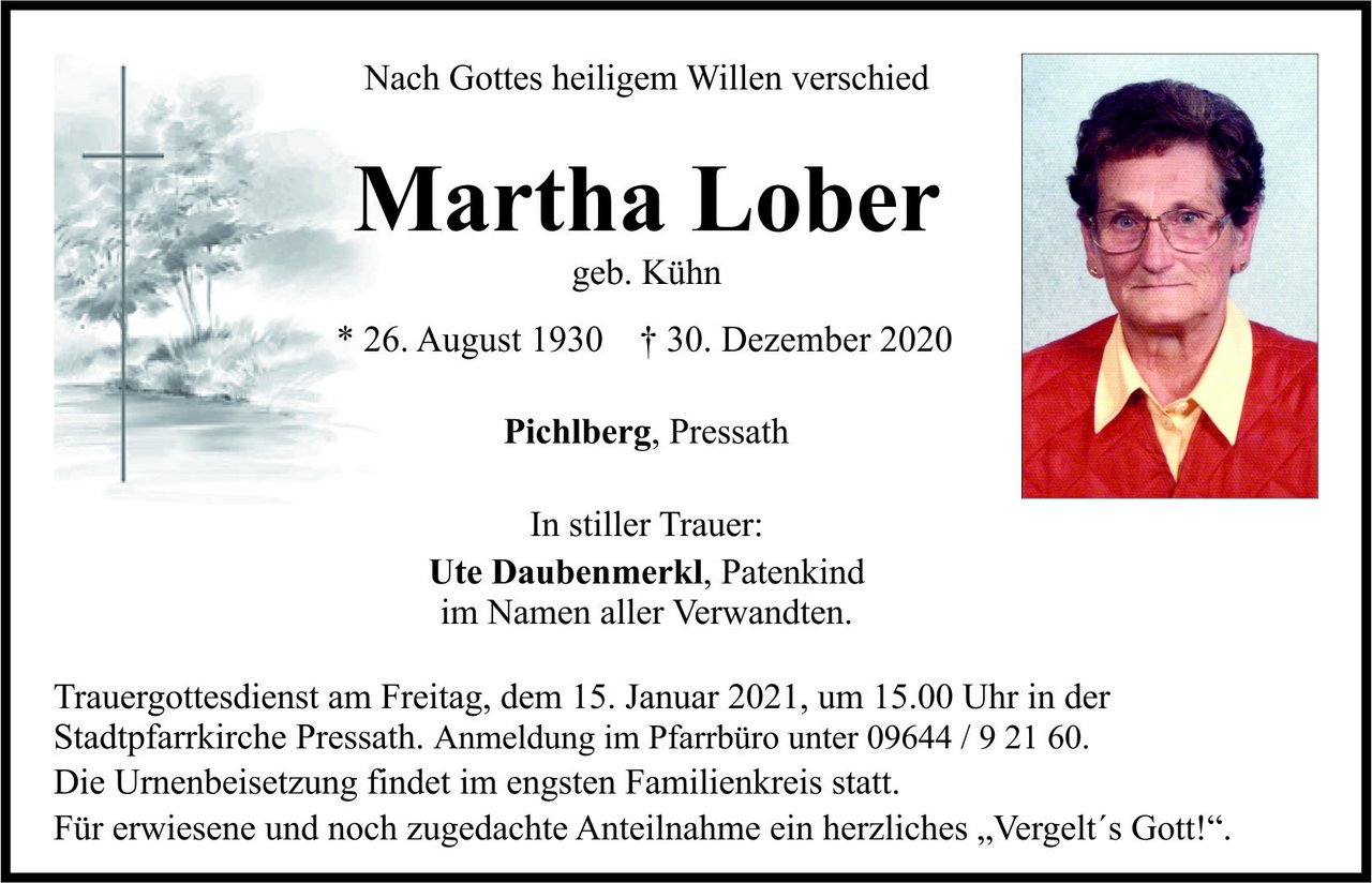 Traueranzeige Martha Lober, Pichelberg