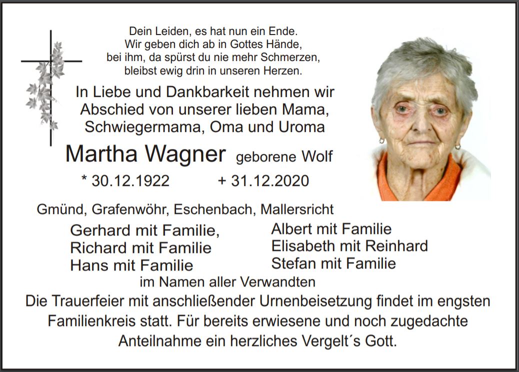Traueranzeige Martha Wagner, Gmünd Grafenwöhr Eschenbach Mallersricht