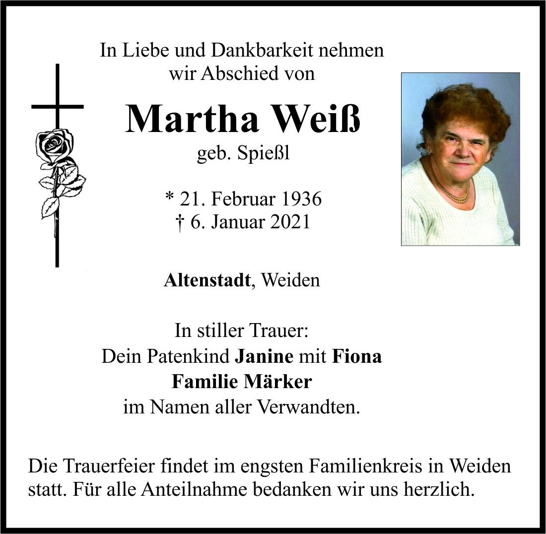 Traueranzeige Martha Weiß, Altenstadt