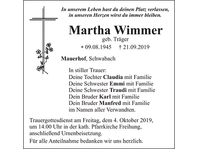 Traueranzeige Martha Wimmer Mauerhof 400x300