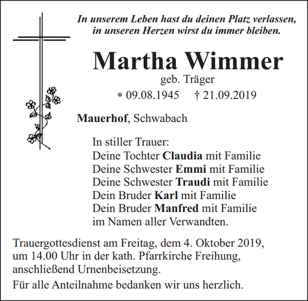 Traueranzeige Martha Wimmer Mauerhof