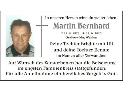 Traueranzeige Martin Bernhard, Grafenwöhr Weiden 400 300