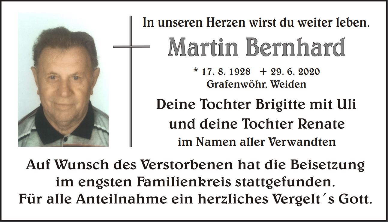 Traueranzeige Martin Bernhard, Grafenwöhr Weiden